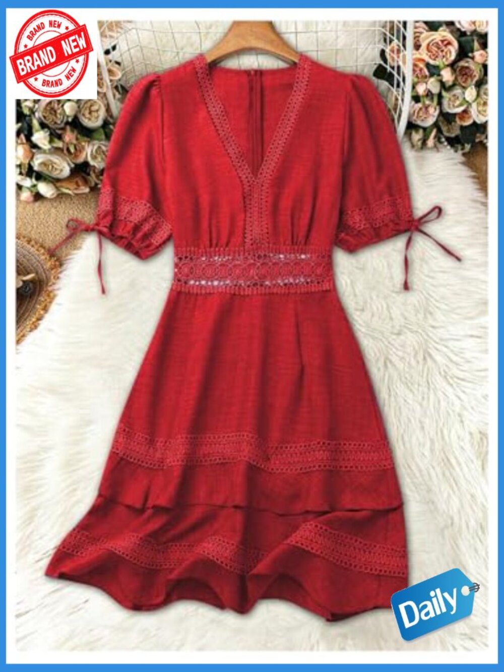 Women's Lace V-Neck Puff Short Sleeve A-Line Mini Dress - Picture 4 of 5